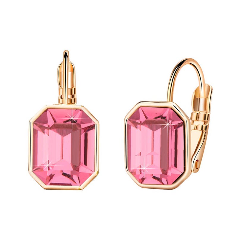EVEVIC Austrian Crystal Octagon Leverback Drop Earrings for Women 14K Rose Gold Plated Hypoallergenic Jewelry (Rose Pink) - Image 1